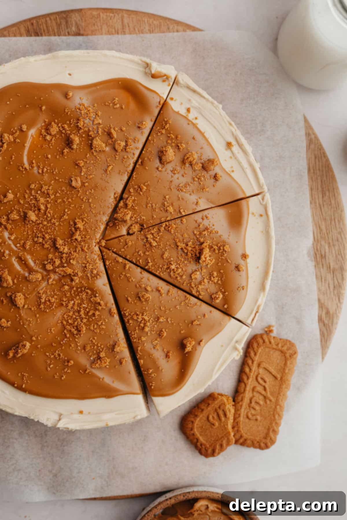 Simple No-Bake Lotus Biscoff Cheesecake 2 A Biscoff cheesecake with three slices already cut and served, showing its creamy texture and cookie crust.