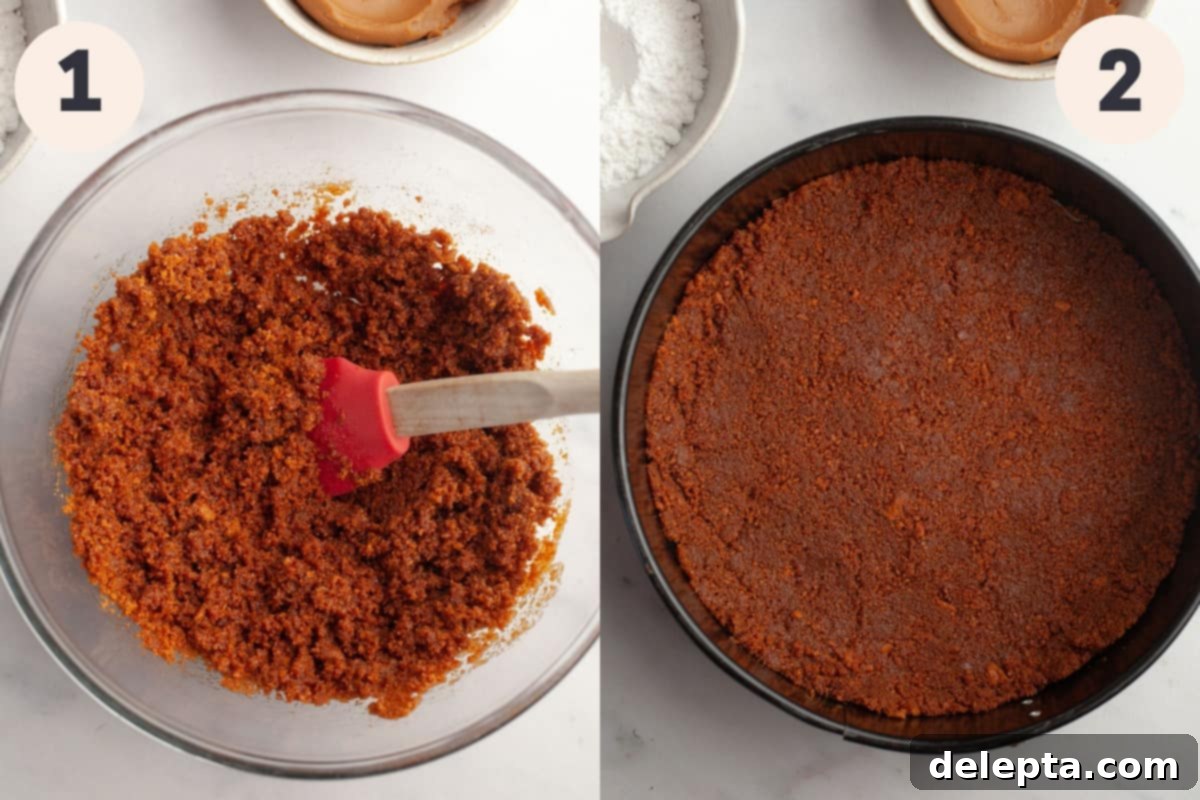 Simple No-Bake Lotus Biscoff Cheesecake 4 Biscoff cookie crumbs in a bowl and a springform pan ready for the crust.