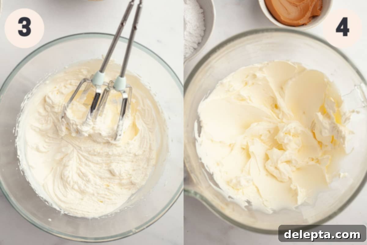 Simple No-Bake Lotus Biscoff Cheesecake 5 Whipped cream in one bowl and smooth, beaten cream cheese in a larger bowl.