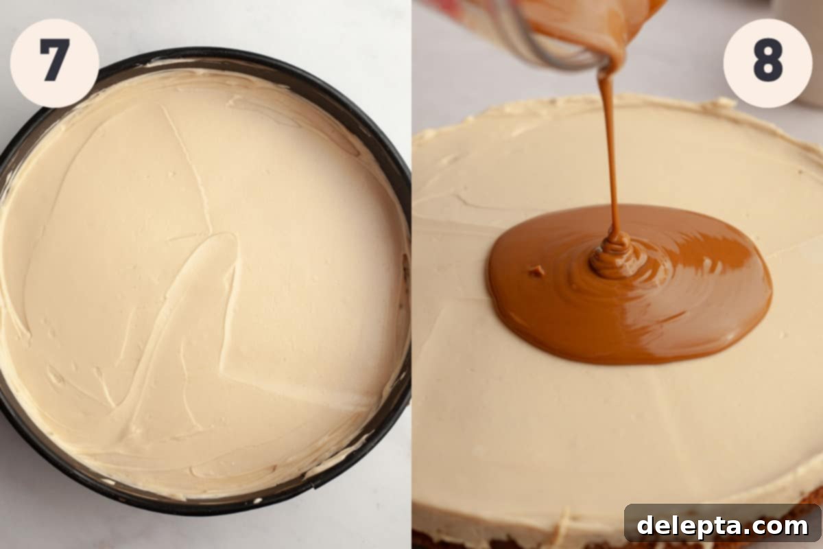 Simple No-Bake Lotus Biscoff Cheesecake 7 Biscoff cheesecake in a springform pan before topping, then melted Biscoff spread being drizzled onto the chilled cheesecake.