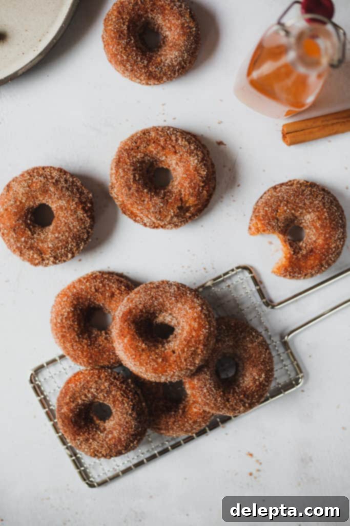 Harvest Apple Cider Donuts, Infused with Warm Apple Pie Spice 5 stacks of golden-brown apple cider donuts on a tray, waiting for their finishing touches