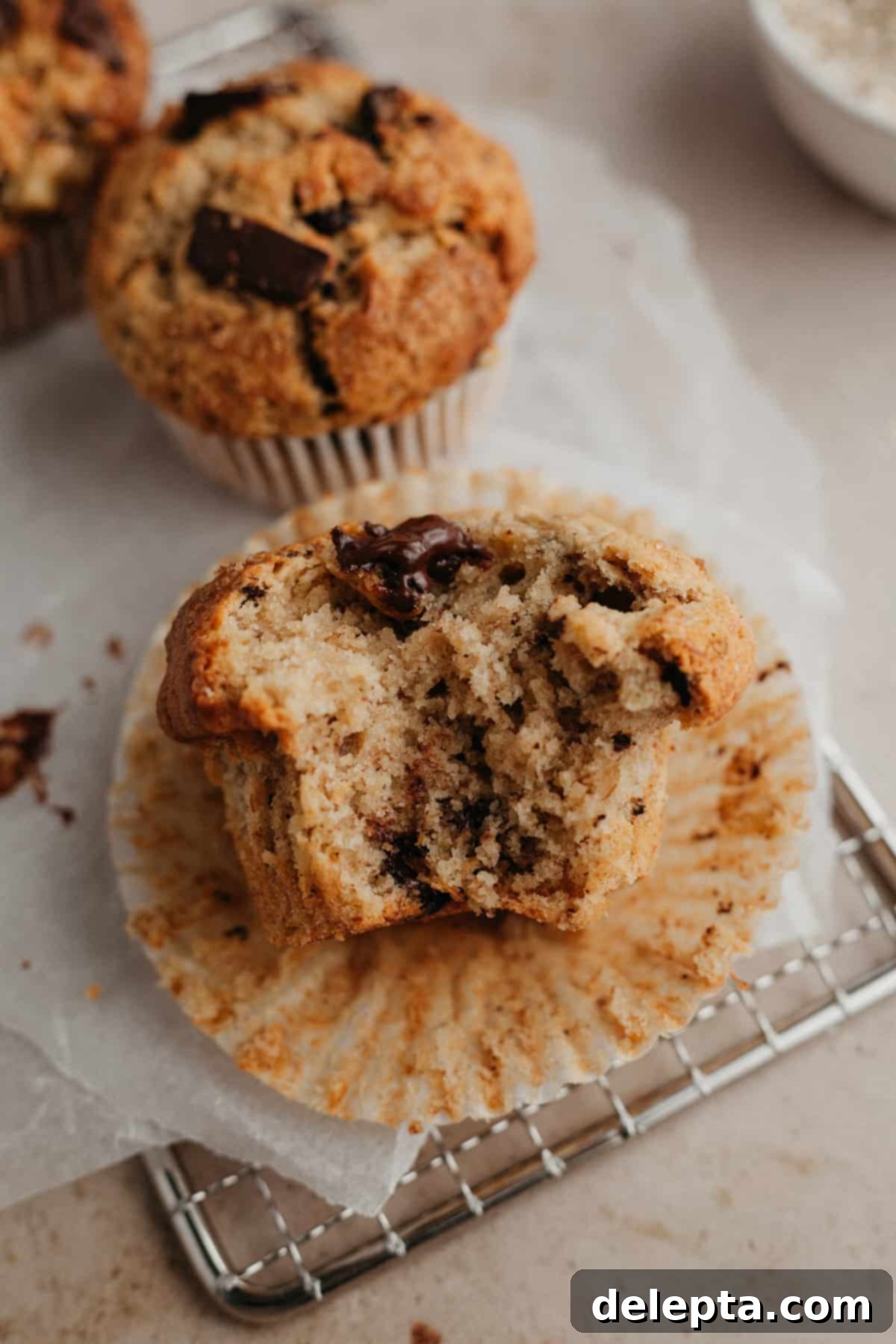 Irresistible Chocolate Chip Peanut Butter Muffins 10 A close-up of a perfectly baked peanut butter banana oat muffin with a bite taken out, revealing the moist interior and melted chocolate chunks.