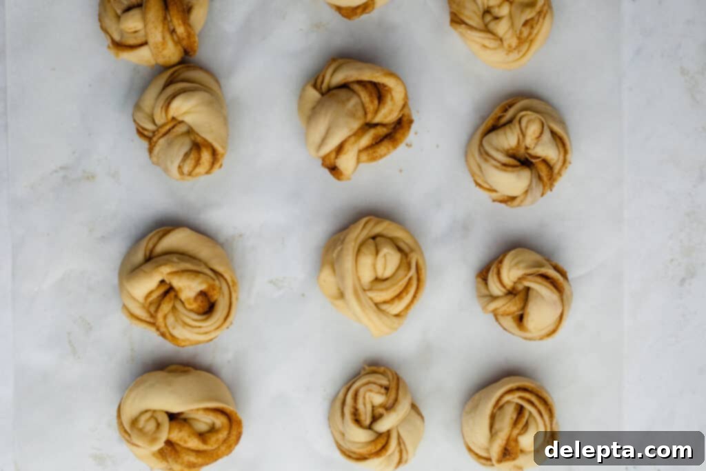 Pillowy Swedish Cinnamon Swirls 16 Several unbaked Swedish cinnamon buns, expertly twisted and arranged on a parchment-lined baking sheet, covered loosely with plastic wrap for their second rise.