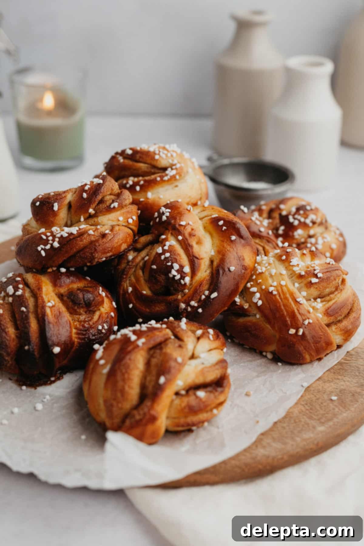Pillowy Swedish Cinnamon Swirls 18 A delectable pile of freshly baked Swedish cinnamon rolls, perfectly golden brown and adorned with sparkling pearl sugar, cooling on parchment paper.