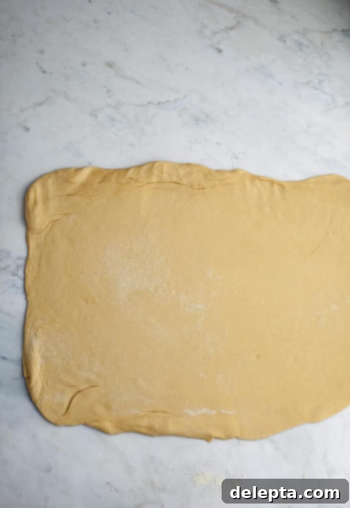 Pillowy Swedish Cinnamon Swirls 10 A large rectangular piece of Swedish cinnamon bun dough, lightly floured and perfectly rolled out on a counter, ready for the butter and spice filling.