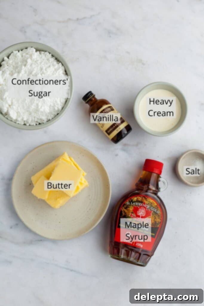 Golden Maple Delights 4 ingredients needed for maple frosting, such as butter, powdered sugar, and maple syrup