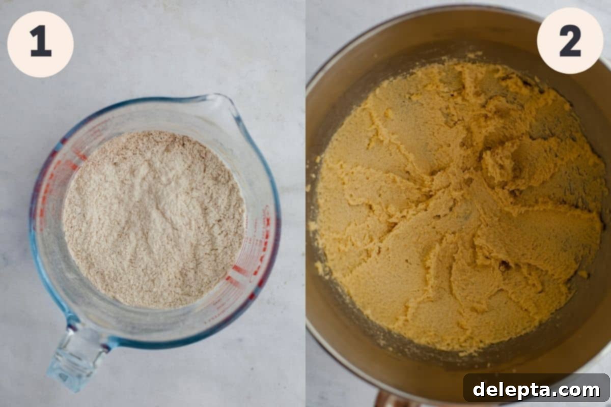 Golden Maple Delights 5 2 images, the first shows dry ingredients in a large glass jug, the second shows creamed butter and sugar in a mixing bowl