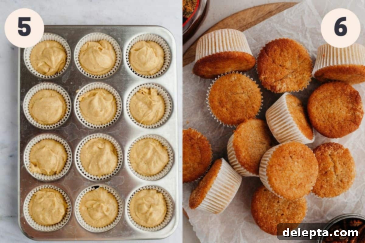 Golden Maple Delights 7 2 images - first shows unbaked cupcakes in liners, second shows golden baked cupcakes on parchment paper