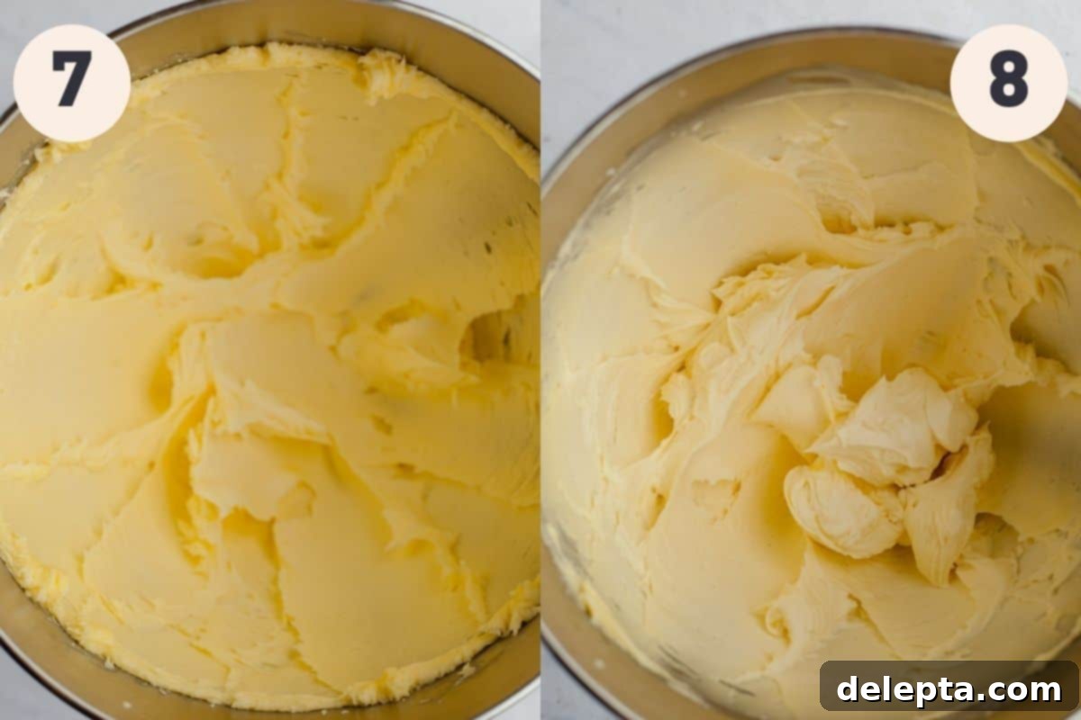 Golden Maple Delights 8 two images, the first shows creamed butter and sugar in a mixing bowl, the second shows a light yellow frosting in a mixing bowl after ingredients are combined
