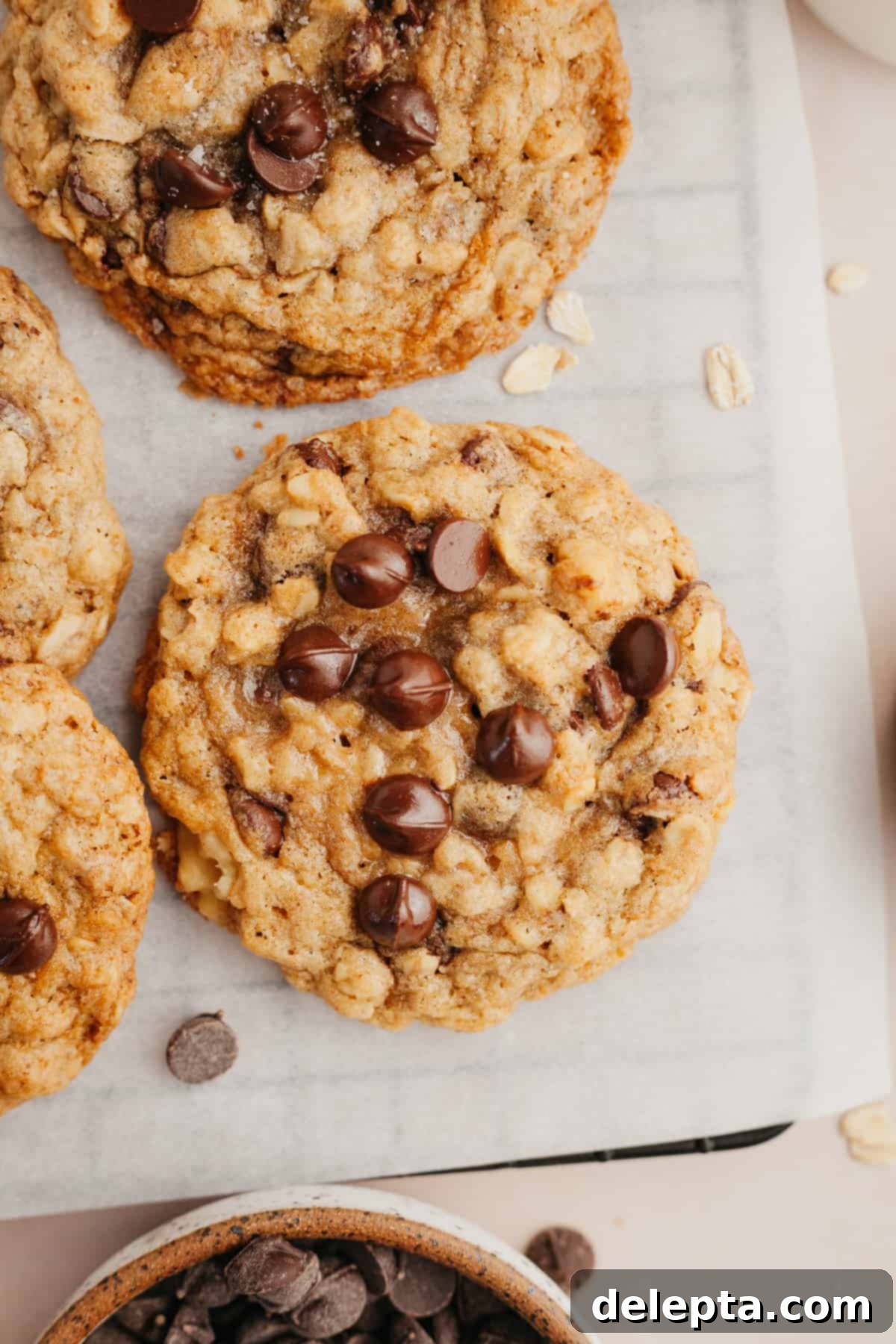 Irresistible Oatmeal Walnut Chocolate Chip Cookies 2 A plate of freshly baked, warm oatmeal walnut chocolate chip cookies, stacked and ready to be enjoyed.