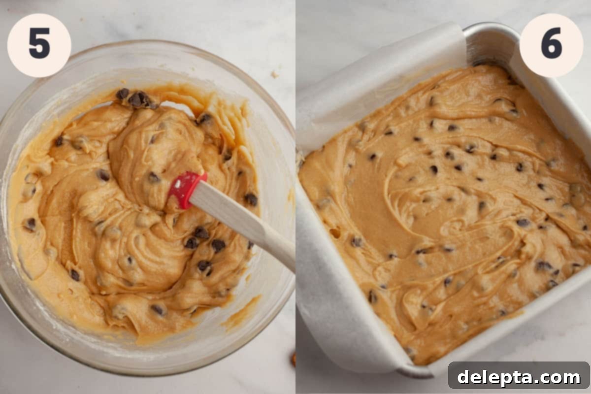 Easy One Bowl Brown Butter Biscoff Blondies 6 Blondie batter in a bowl with chocolate chips, next to a square baking pan filled with the same batter, ready for swirling.