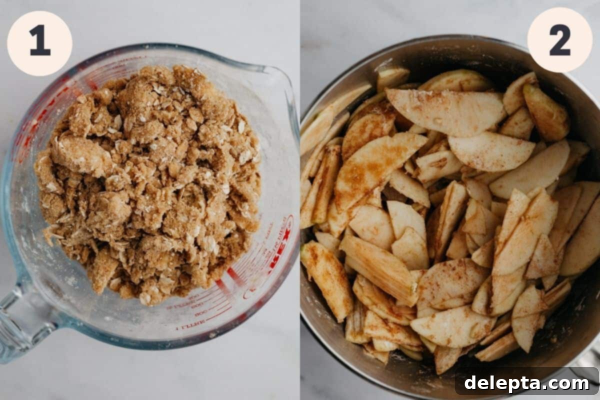 Warm Apple Crumble with Custard 5 Two images, first one has a bowl of oat topping mixture, the second shows sliced apples being tossed with spices.