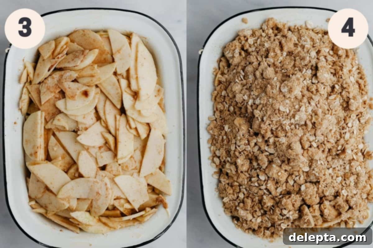 Warm Apple Crumble with Custard 6 2 images, the first shows a rectangular baking pan with sliced apples in it, the second shows the same pan covered in oat crumble
