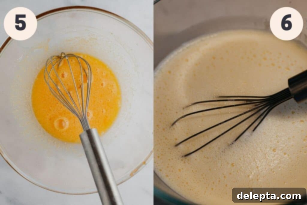 Warm Apple Crumble with Custard 7 A bowl with whisked egg yolks, then another image of the same bowl with custard in it