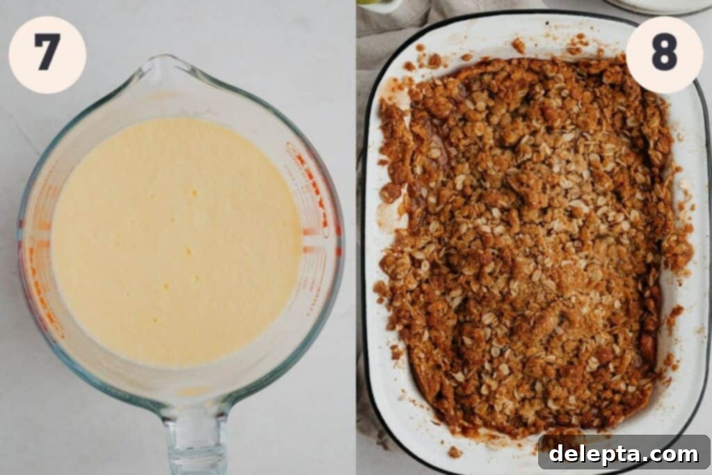 Warm Apple Crumble with Custard 8 A jug of vanilla custard, then an enamel rectangular pan filled with baked apple crumble