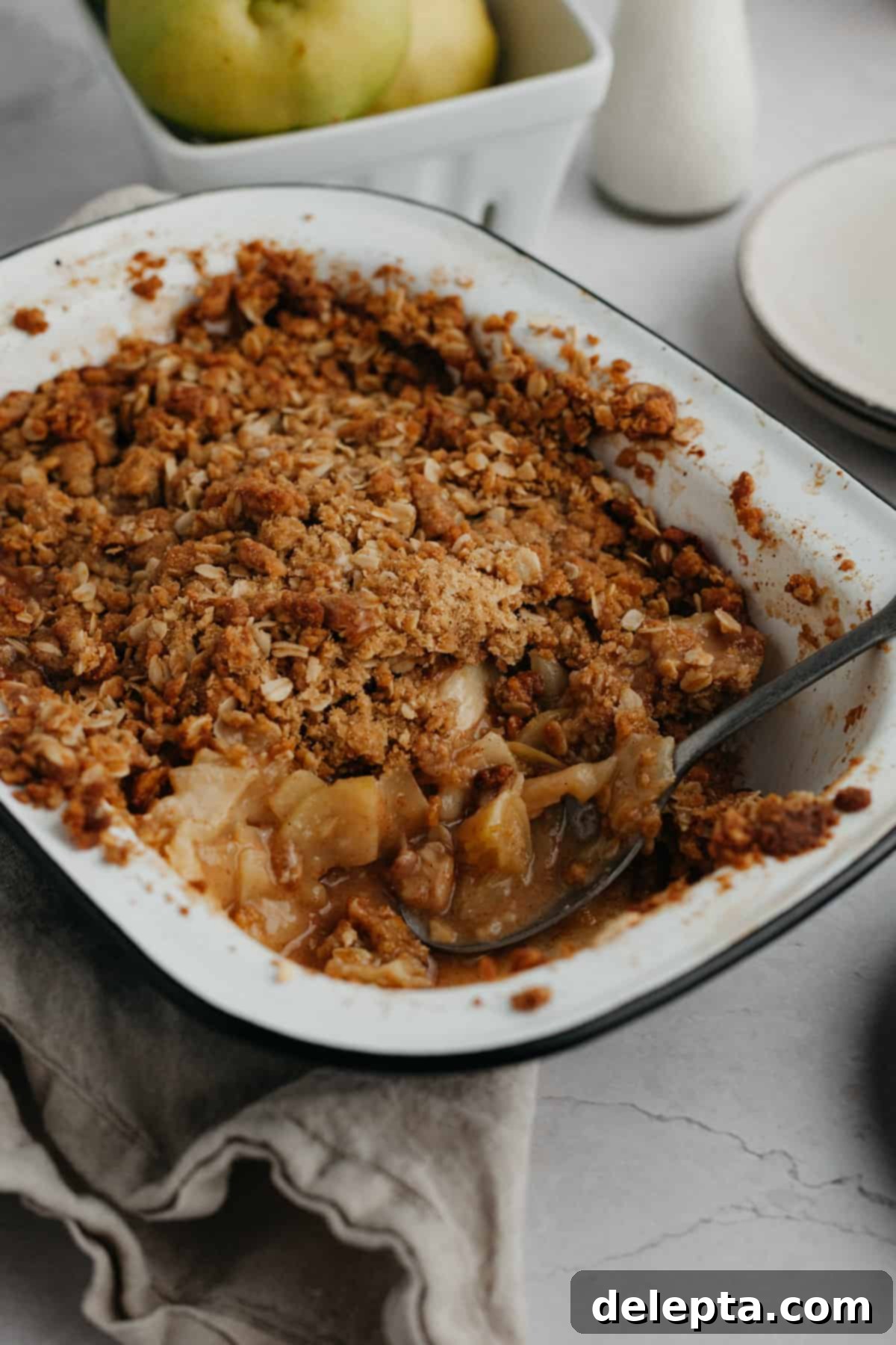 Warm Apple Crumble with Custard 9 A rectangular enamel pan with apple crumble in it