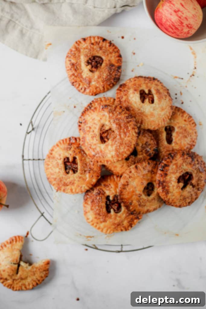 Honey-Kissed Apple Hand Pies 3 Beautiful birds eye view of multiple apple and honey hand pies arranged on a baking sheet, ready to be served