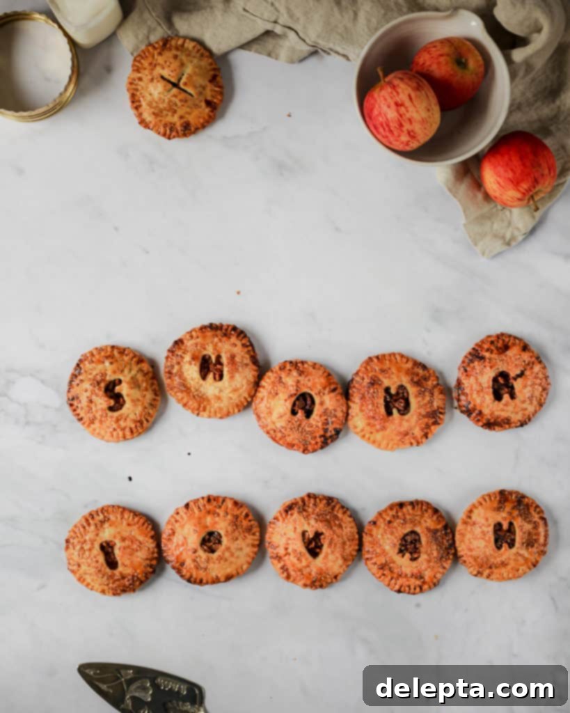 Honey-Kissed Apple Hand Pies 5 A collection of decorative hand pies, some embossed with 'Shanah Tova' lettering, arranged invitingly on a white surface