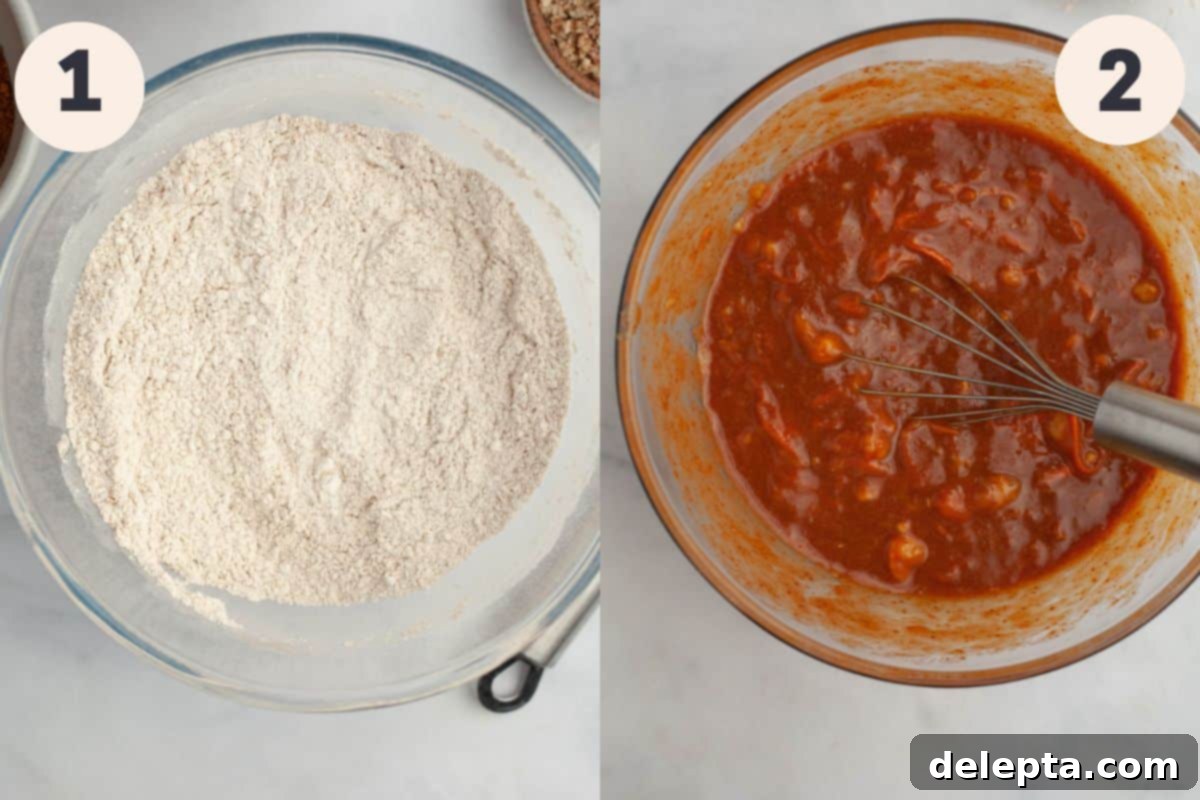 Effortless Pumpkin Carrot Banana Bread 4 Steps 1 and 2 in the healthy pumpkin banana bread baking process, showing dry ingredients mixed and wet ingredients being combined.