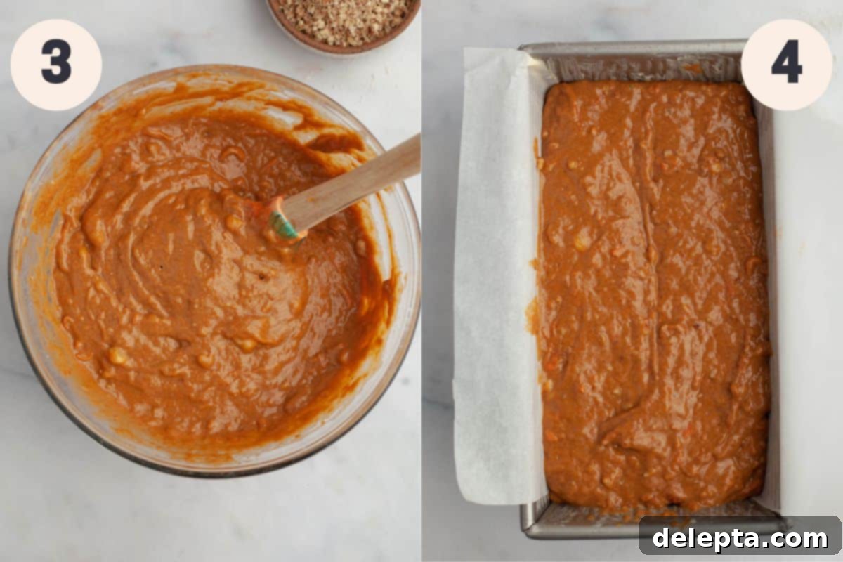 Effortless Pumpkin Carrot Banana Bread 5 Steps 3 and 4 in the healthy pumpkin banana bread baking process, showing dry ingredients added to wet and batter poured into the loaf pan.