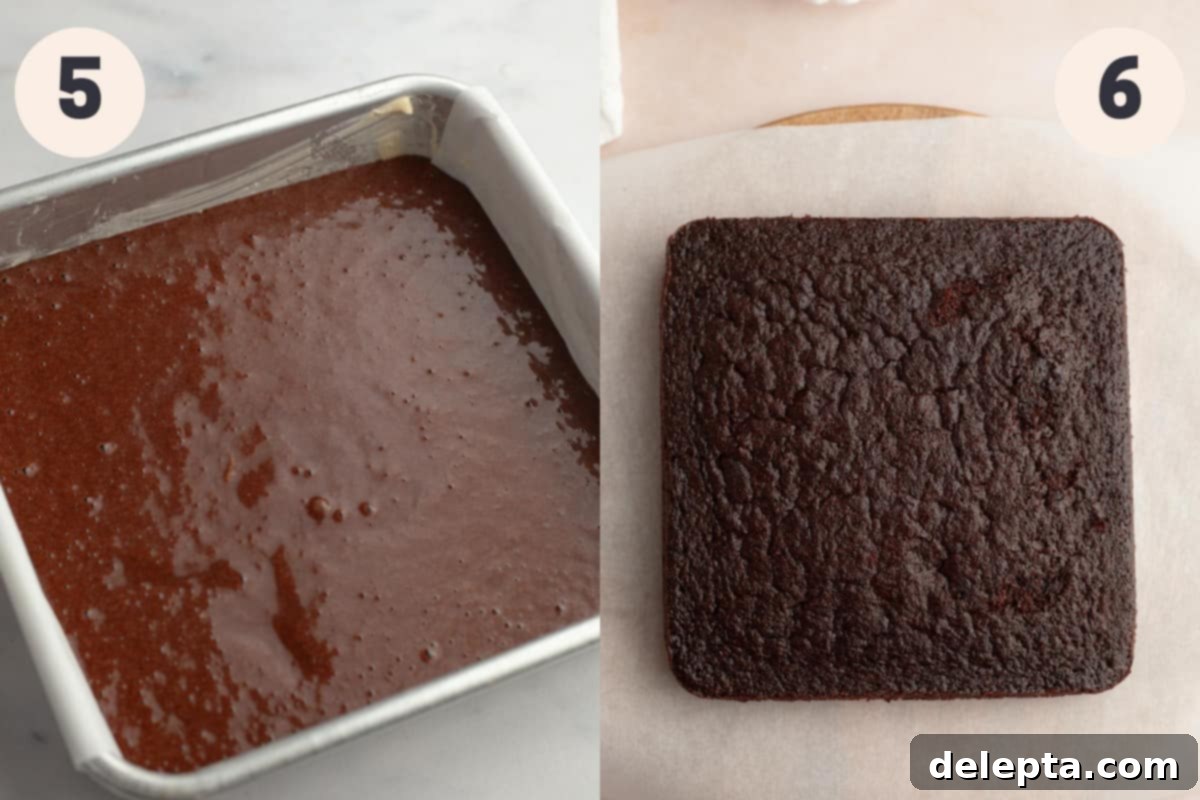 Simply Divine Moist Chocolate Walnut Cake 7 Two images side by side: one showing raw chocolate cake batter in a square baking pan, and the other showing a perfectly baked chocolate cake on parchment paper.
