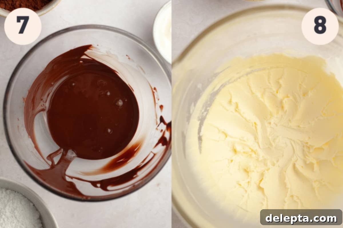 Simply Divine Moist Chocolate Walnut Cake 8 Two bowls: one with melted dark chocolate and another with creamed unsalted butter, prepped for making the frosting.
