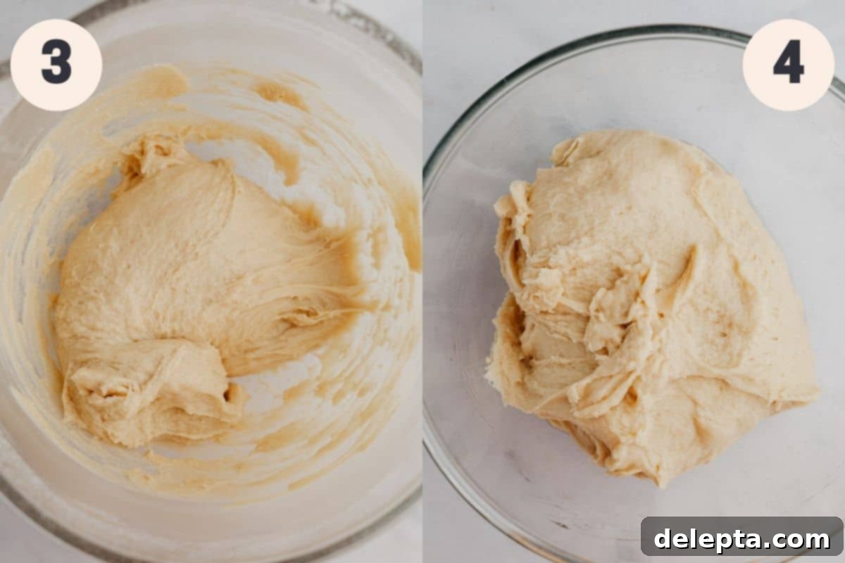 Decadent Pecan Caramel Rolls 5 The smooth, pliable cinnamon roll dough in a stand mixer bowl, followed by the same bowl with the dough beautifully risen and doubled in size.