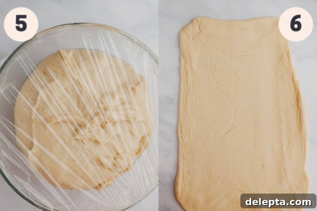 Decadent Pecan Caramel Rolls 6 A bowl covered in clingfilm containing well-risen cinnamon roll dough, contrasted with the dough rolled out into a perfect rectangle on a marble counter.