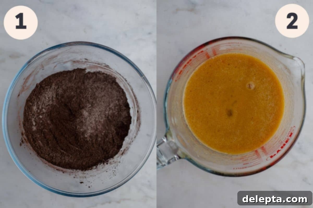 Midnight Velvet Delights 5 A glass bowl with black cocoa powder in it, and a large glass jug with wet ingredients prepared for black velvet cupcakes.