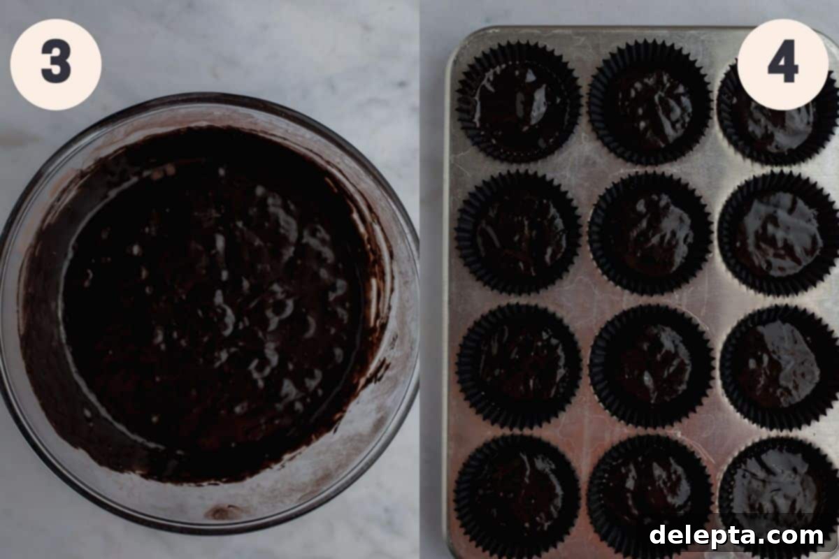 Midnight Velvet Delights 6 a glass bowl with black velvet cake batter, and a cupcake tray with unbaked cupcakes ready for the oven.