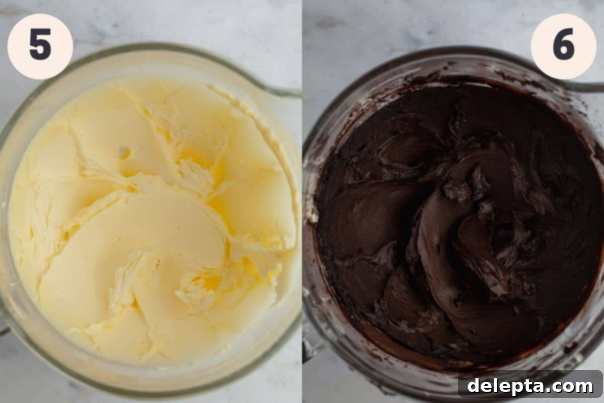 Midnight Velvet Delights 7 A glass bowl with creamed unsalted butter, followed by a picture of a glass bowl with dark black frosting in it.