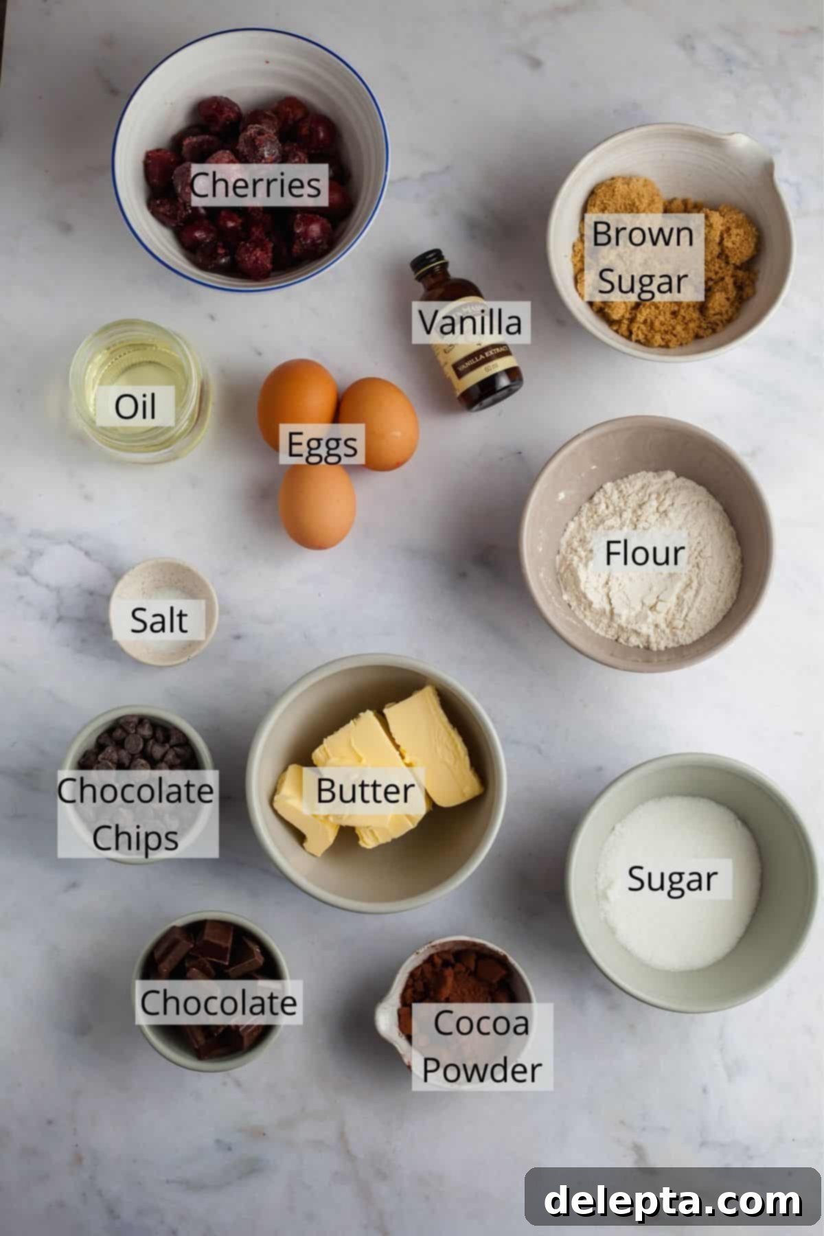 Decadent Triple Chocolate Cherry Brownies 3 All the ingredients needed for cherry brownies weighed out in small bowls.