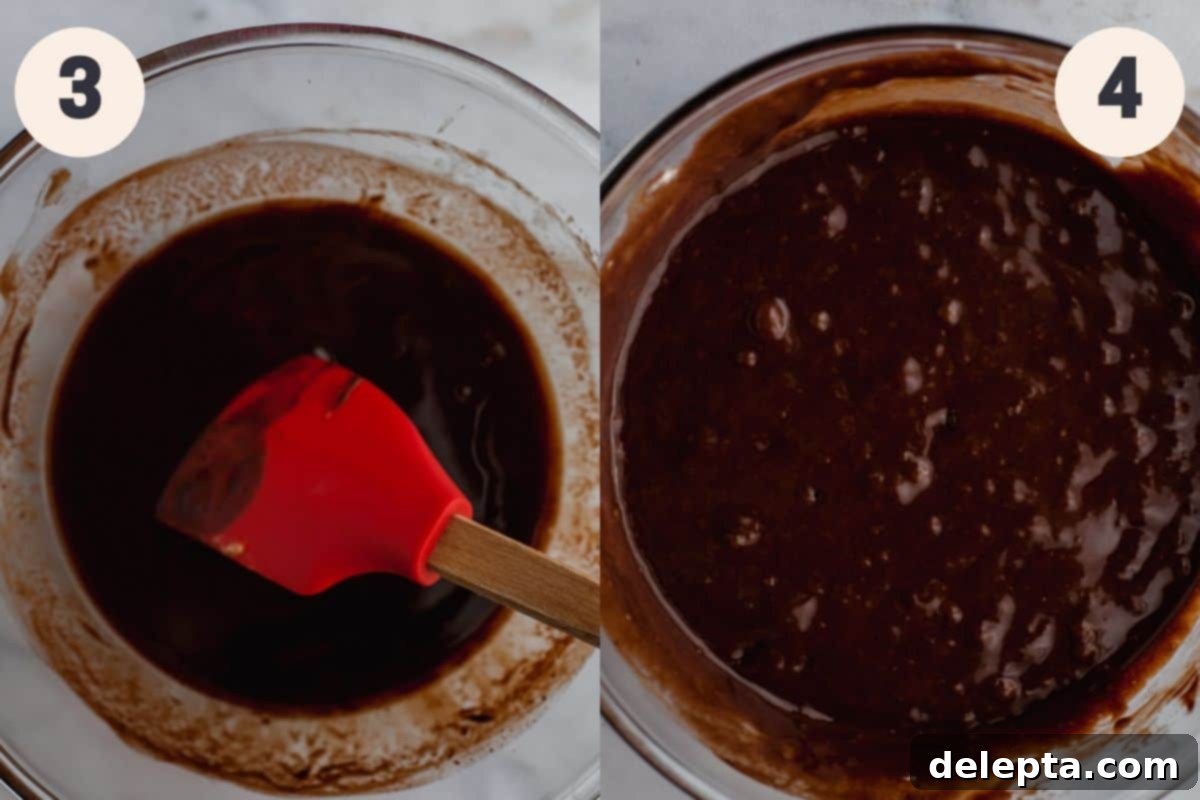 Decadent Triple Chocolate Cherry Brownies 5 A glass bowl with melted chocolate in it, then the same bowl with brownie batter in it.