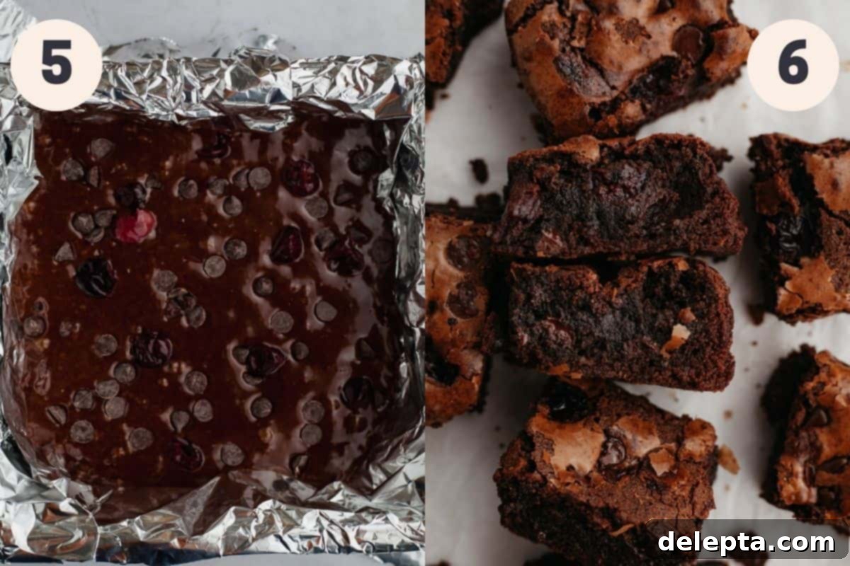 Decadent Triple Chocolate Cherry Brownies 6 A square baking pan lined with foil and filled with unbaked brownie batter, then an image of chocolate cherry brownies.