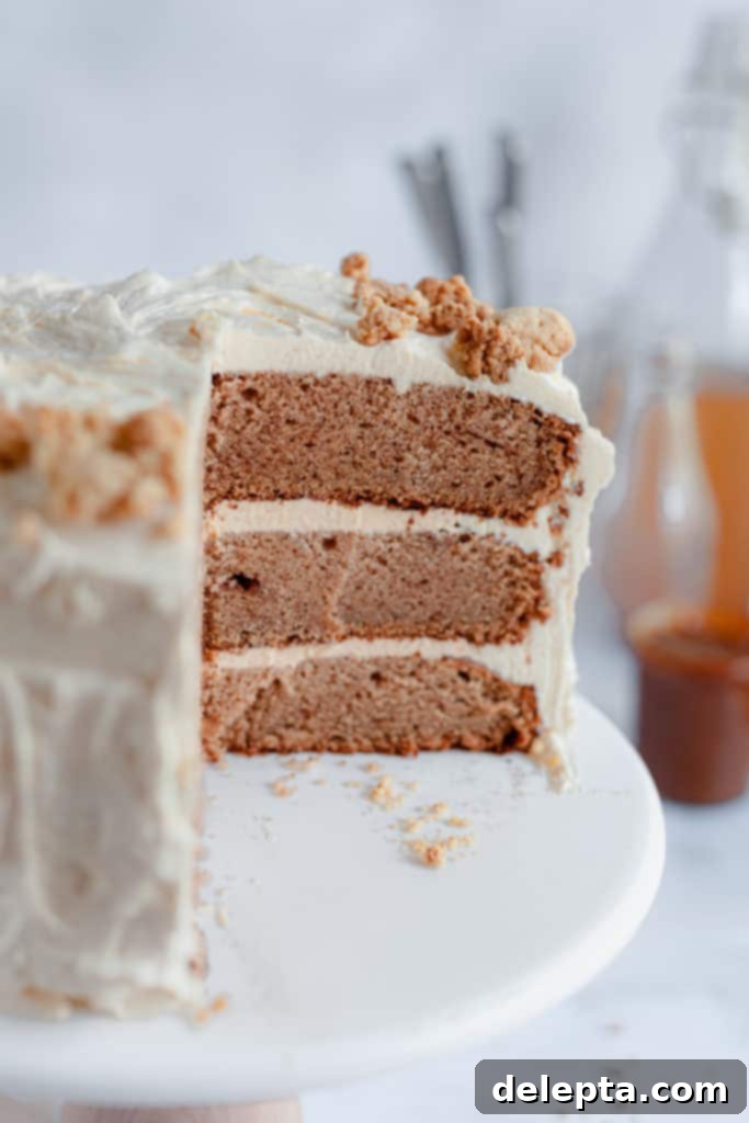 Salted Caramel Apple Cider Layer Cake with Pie Crumb Frosting 5 A close-up of a delicious apple cider cake with a large slice removed, revealing the moist interior and layers of frosting.