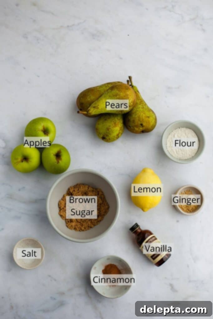 Ginger-Kissed Harvest Apple & Pear Crisp 3 All the ingredients needed for the pear and apple crisp filling, weighed out into small bowls.