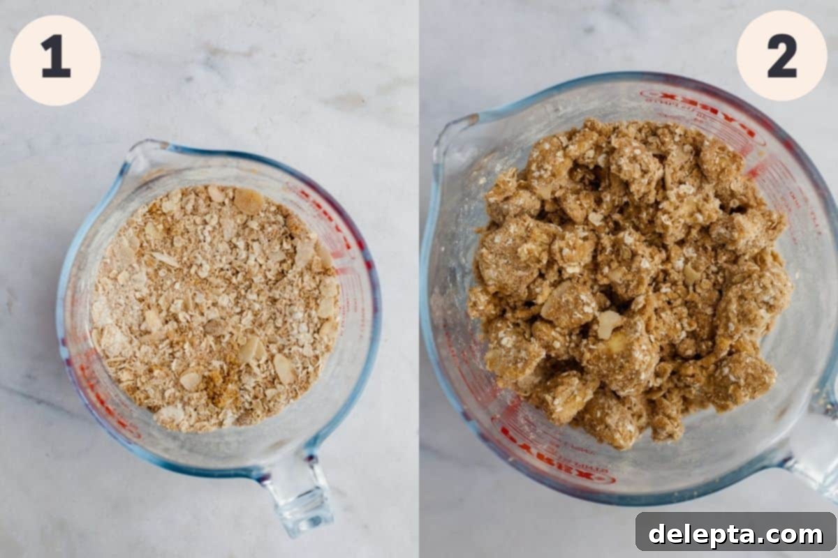 Ginger-Kissed Harvest Apple & Pear Crisp 5 A glass jug filled with mixed oats and flour, next to a bowl showing the dry ingredients combined with cubed butter for the topping.