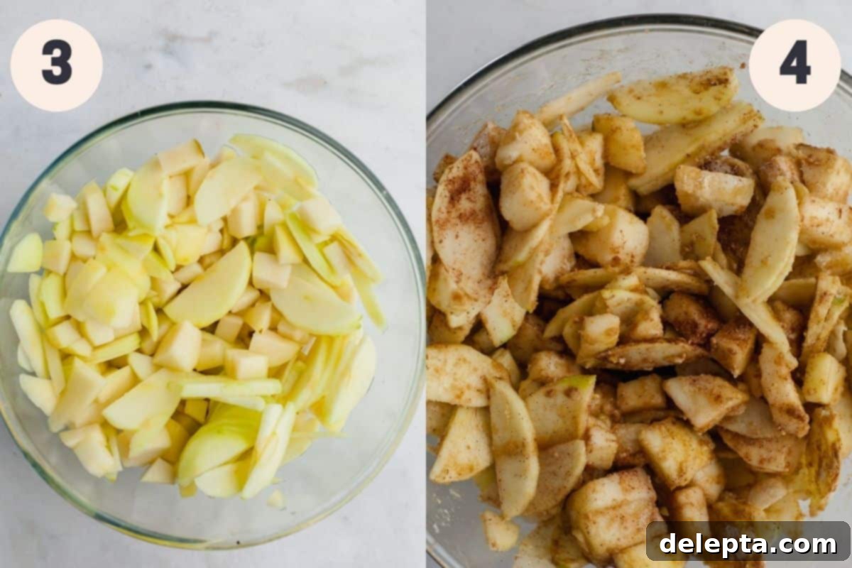 Ginger-Kissed Harvest Apple & Pear Crisp 6 A bowl of freshly chopped apples and pears, followed by an image of the fruit mixed with spices and sugar.