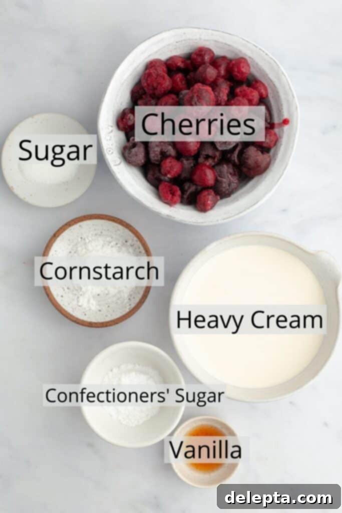 Ivory Forest Indulgence 4 Ingredients needed to make a white forest cake cherry filling and whipped cream, weighed out into small bowls.