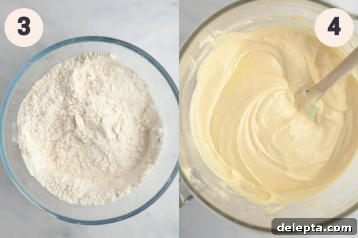 Ivory Forest Indulgence 6 A bowl of dry ingredients (flour, salt, baking powder) next to a bowl of wet cake batter.