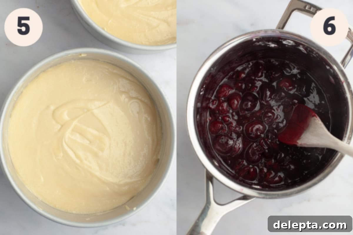 Ivory Forest Indulgence 7 Unbaked cake batter in a greased cake pan and a saucepan with homemade cherry filling simmering.