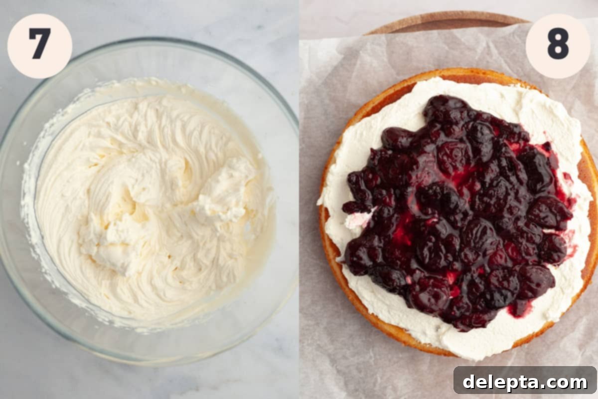Ivory Forest Indulgence 8 Freshly whipped cream in a large bowl and a white forest cake being assembled with layers of cake, cream, and cherries.