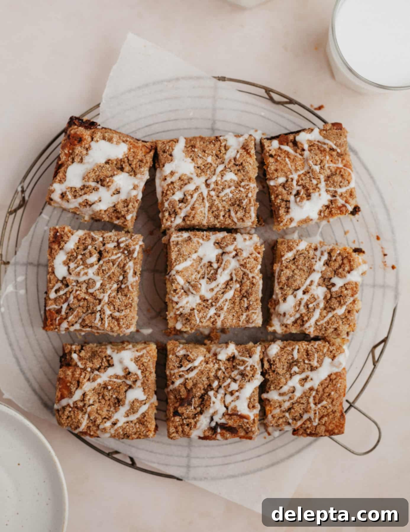Espresso-Spiked Chai Coffee Cake 15 An overhead shot of 9 slices of coffee cake on a wire cooling rack