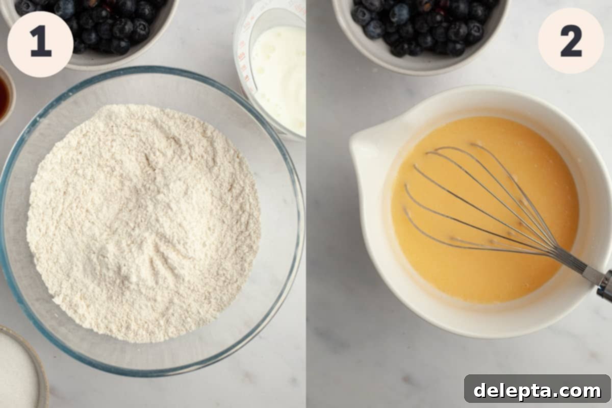 Signature Buttermilk Blueberry Muffins 4 A bowl with flour and other dry ingredients, and a separate white bowl with a yellow wet mixture in it, illustrating the separate mixing steps.