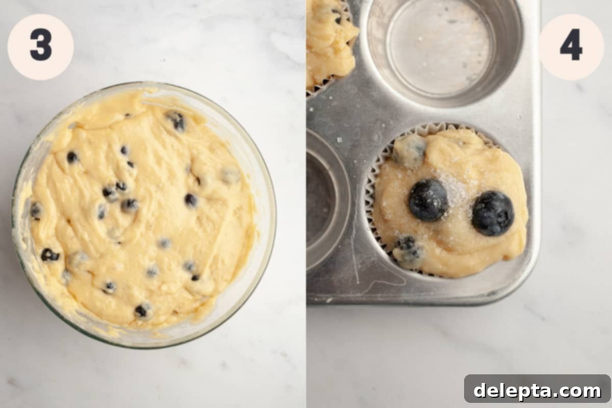 Signature Buttermilk Blueberry Muffins 5 A bowl with blueberry muffin batter in it after mixing, and a close up of a muffin pan with unbaked blueberry muffins filling every other cavity.