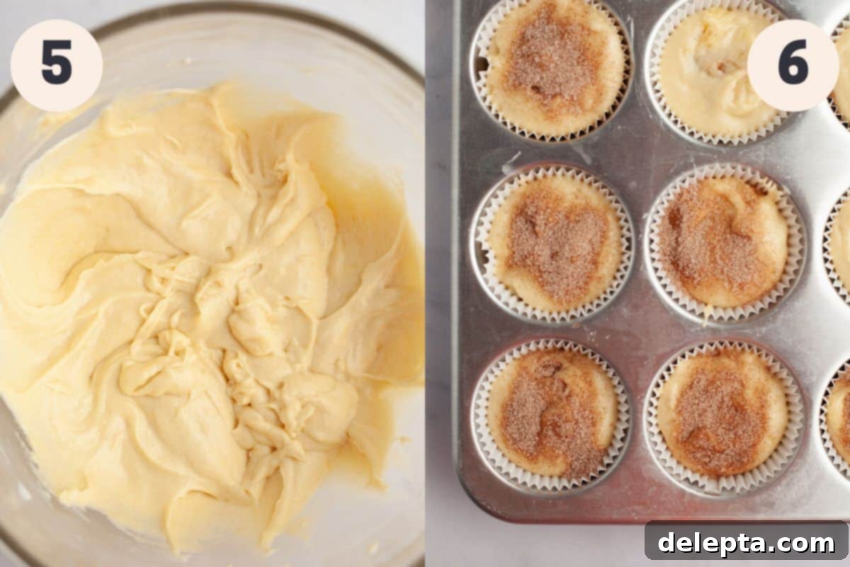 Spiced Cinnamon Cupcakes with Golden Brown Sugar Buttercream 7 Steps 5 and 6 in the cinnamon cupcake baking process, showing dry ingredients and buttermilk additions.