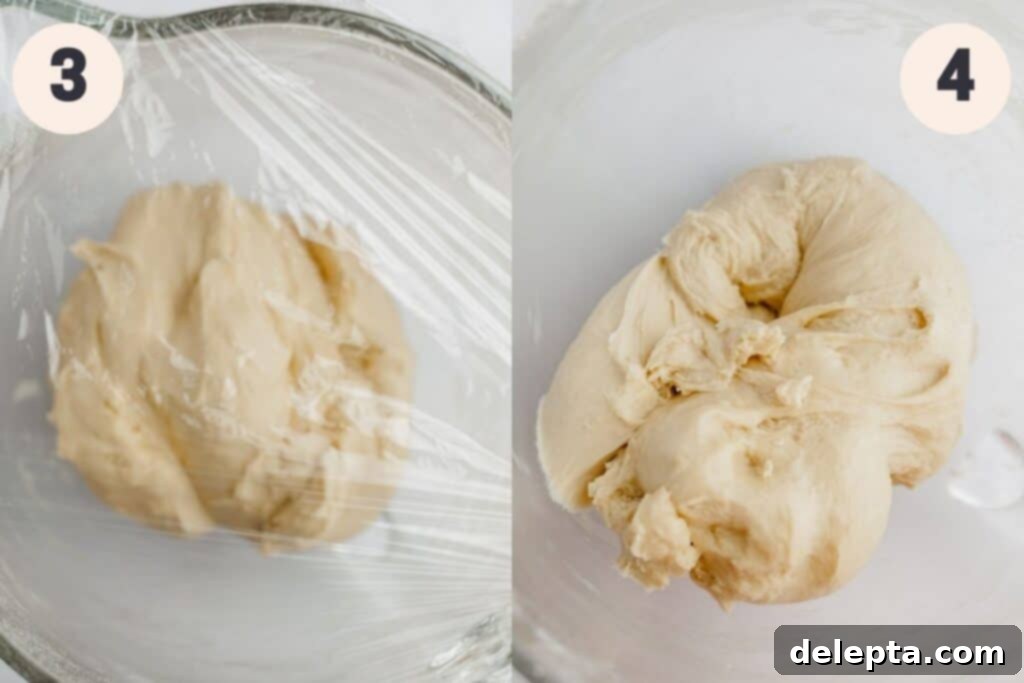 Decadent Nutella Babka 5 Two images demonstrating steps 3 and 4 of making babka dough: adding butter to the mixer and the dough rising in a bowl.