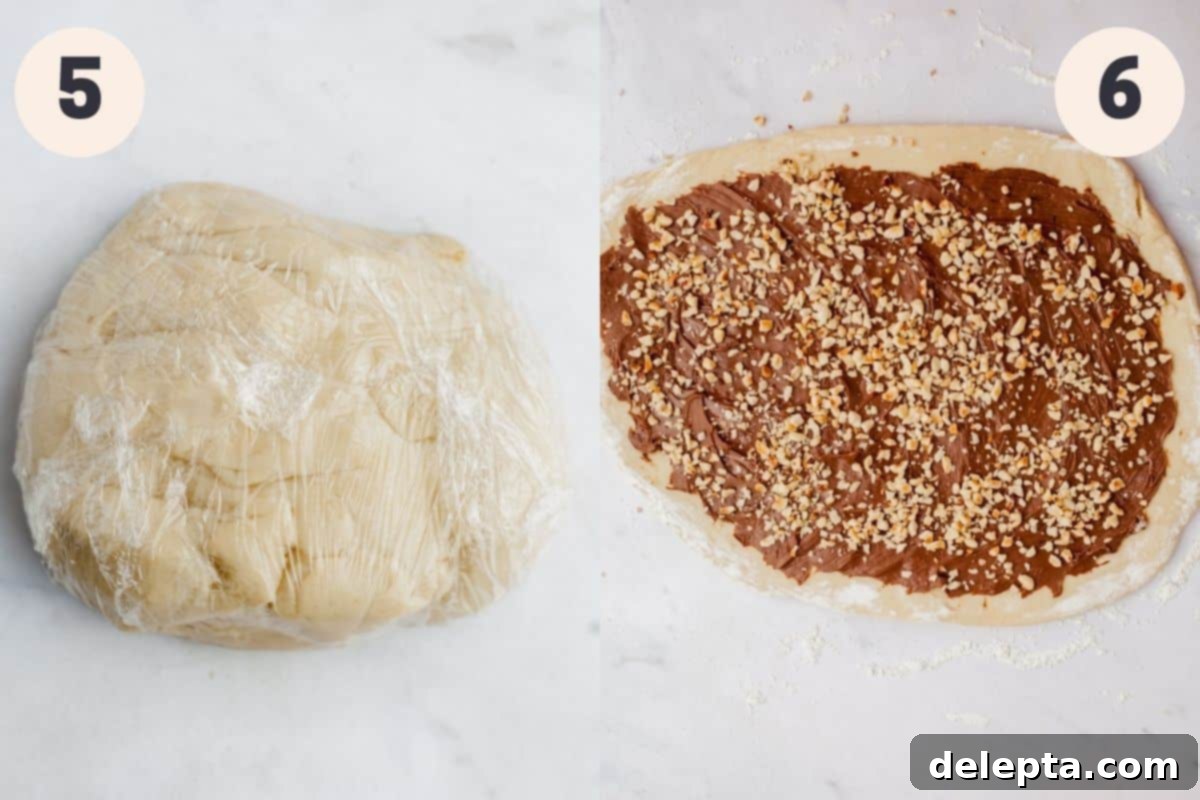 Decadent Nutella Babka 6 Two images showing steps 5 and 6: chilled babka dough wrapped in plastic and spreading Nutella and hazelnuts on rolled-out dough.