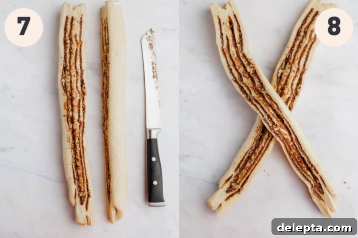 Decadent Nutella Babka 7 Two images illustrating steps 7 and 8 of babka making: rolling the dough into a log and cutting it lengthwise to form an X shape.