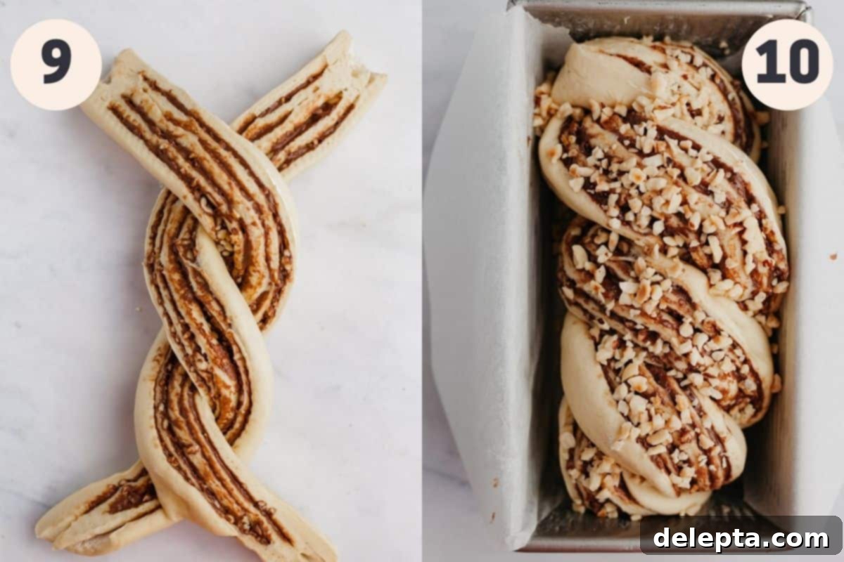 Decadent Nutella Babka 8 Two images demonstrating steps 9 and 10 of babka making: twisting the dough logs and placing the twisted babka into a loaf pan.
